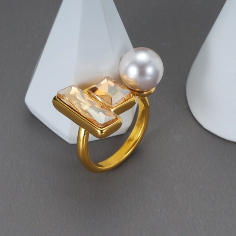 Geometric Square Artificial Pearl Open Ring Stainless Steel Champagne Crystal Adjustable High End Fashion Jewelry For Women