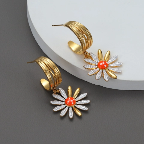 Daisy Flower Drop Earrings 18K Gold Plated Stainless Steel Enamel Floral Elegant Sweet Fashionable Jewelry For Women