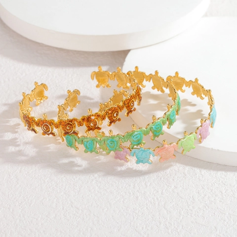 Roestvrij Staal Emaille Schildpad Open Armband Verguld Zeedieren Sieraden Voor Dames Zomerstijl