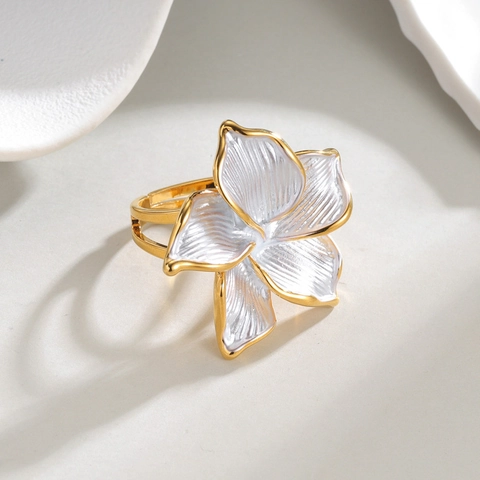 Bague Ouverte Fleur en Acier Inoxydable Mode pour Femme Plaqué Or 18K Émail Floral Bague Ajustable Bijoux Fantaisie