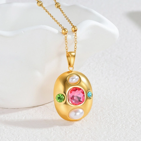 Collier Pendentif Ovale Vintage Acier Inoxydable Plaque Or Zircon Rose Strass Colores Künstliche Perles Artificielles Bijoux Luxe Francais