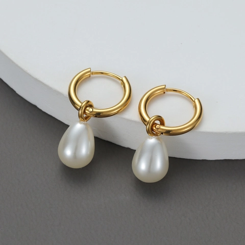 Water Drop Artificial Pearl Hoop Earrings 14K Gold Plated Stainless Steel Dainty Elegant Minimalist Jewelry For Women