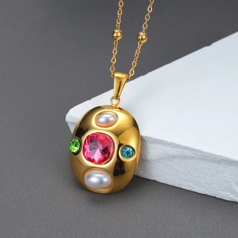 Collier Pendentif Ovale Vintage Acier Inoxydable Plaque Or Zircon Rose Strass Colores Künstliche Perles Artificielles Bijoux Luxe Francais