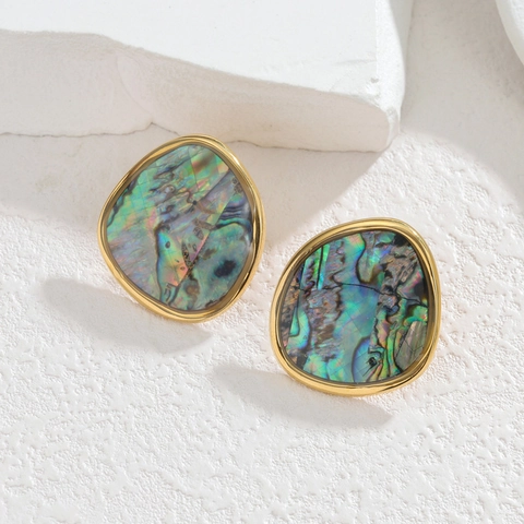Irregular Pebble Stud Earrings Stainless Steel With Mother Of Artificial Pearl And Abalone Shell Gold Plated Elegant For Women