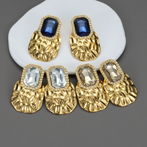 Vintage Large Geometric Rectangle Zircon Drop Earrings Stainless Steel 18K Gold Plated Hammered Metal Statement Jewelry For Women
