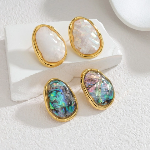 Pendientes Boton Ovalados Irregulares Geometricos Acero Inoxidable Chapado Oro Incrustacion Concha Abulon Natural Mujeres