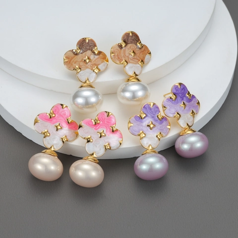 Vintage Kleeblatt Künstliche Perle Ohrhänger Für Damen Edelstahl 18K Vergoldet Emaille Floral Marmoriert Eleganter Schmuck
