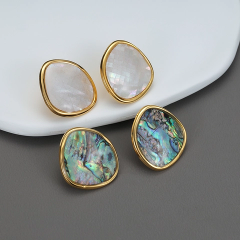 Irregular Pebble Stud Earrings Stainless Steel With Mother Of Artificial Pearl And Abalone Shell Gold Plated Elegant For Women