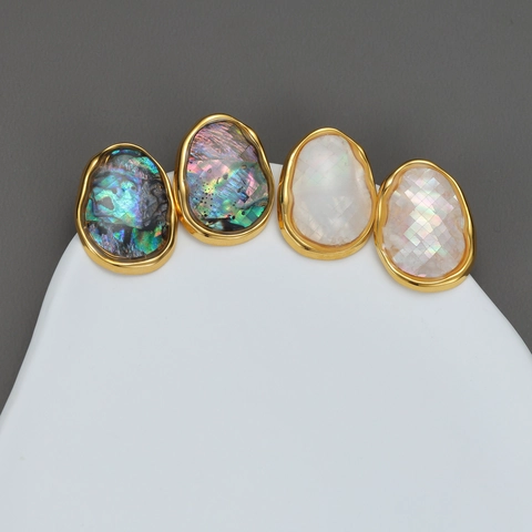 Pendientes Boton Ovalados Irregulares Geometricos Acero Inoxidable Chapado Oro Incrustacion Concha Abulon Natural Mujeres
