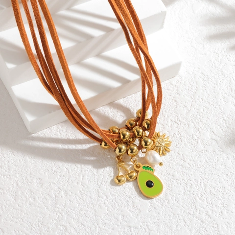 Collier Superposé Bohème Cordon en Suède Pendentif en Acier Inoxydable Fruit Fleur Cœur Perle Artificielle Collier Multi-rangs Femme