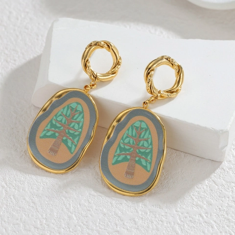 Drop Earrings Stainless Steel 18K Gold Plated Vintage Oval Enamel Tree Pattern Twisted Hoop For Women