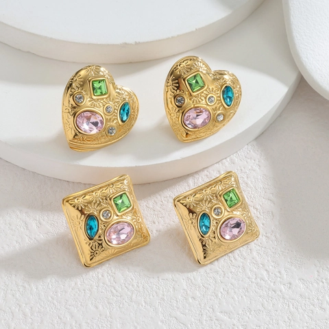 Retro Court Style Stud Earrings With Multi Color Gemstones And Stainless Steel Earring Post Geometric Texture For Women