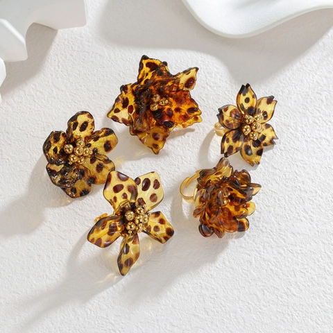 Anillo Abierto de Acero Inoxidable con Flor Estampado de Leopardo en Acrílico Ajustable de Carey Resina Floral Para Mujer Joyería