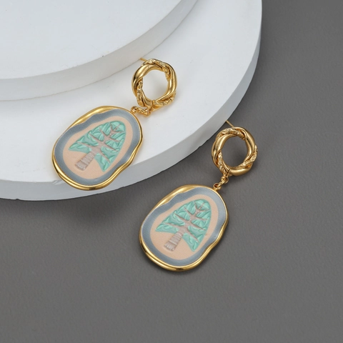 Drop Earrings Stainless Steel 18K Gold Plated Vintage Oval Enamel Tree Pattern Twisted Hoop For Women