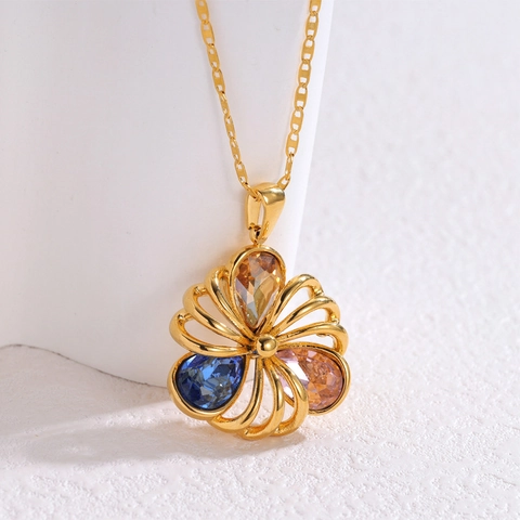 Hollow Flower Pendant Necklace Stainless Steel 18K Gold Plated Colorful Zircon Elegant Jewelry For Women Non-Fading