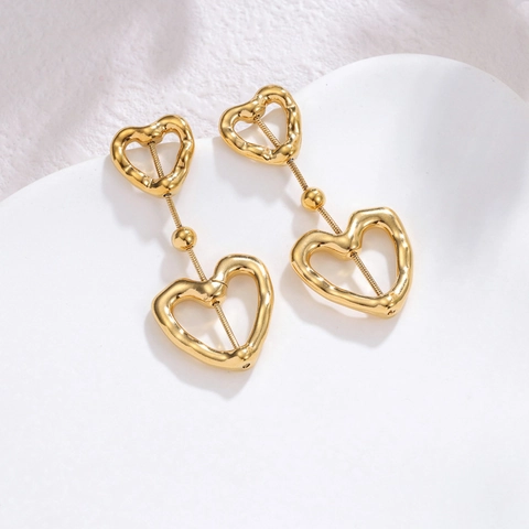 Pendientes Colgantes Corazón Hueco Acero Inoxidable Chapado En Oro 18K Doble Capa Corazón Para Mujeres Joyería