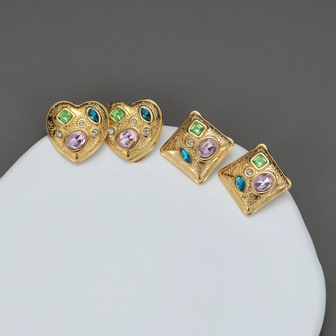 Retro Court Style Stud Earrings With Multi Color Gemstones And Stainless Steel Earring Post Geometric Texture For Women