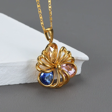 Hollow Flower Pendant Necklace Stainless Steel 18K Gold Plated Colorful Zircon Elegant Jewelry For Women Non-Fading