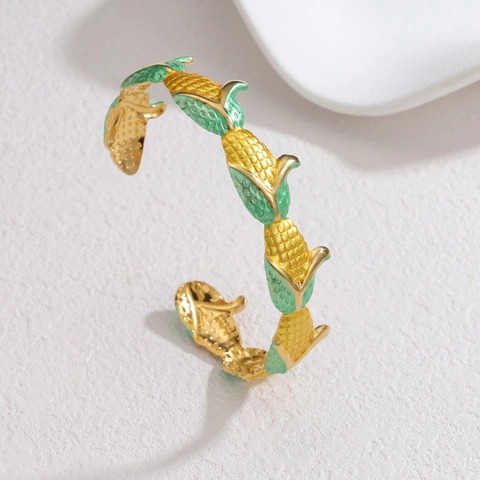Mais Form Offener Armreif Edelstahl 18K Vergoldet Emaille Mais Design Kreativer Neuheit Schmuck Für Damen Trendiges Accessoire