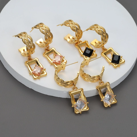 Vintage Geometrische Hanger Oorbellen 18K Verguld Roestvrij Staal Vierkante Zirkoon Elegant Modeaccessoire