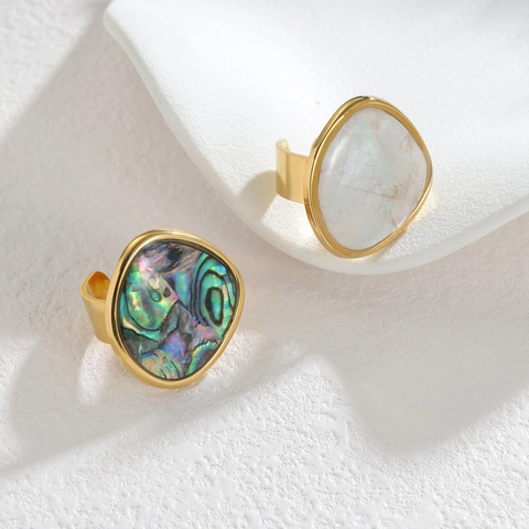 Irregulärer Geometrischer Verstellbarer Offener Ring Vergoldeter Edelstahl Perlmutt Abalone Muschel Schmuck Für Damen