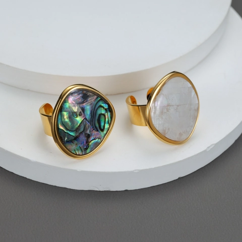 Irregulärer Geometrischer Verstellbarer Offener Ring Vergoldeter Edelstahl Perlmutt Abalone Muschel Schmuck Für Damen