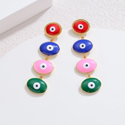 Pendientes Largos De Ojo Turco Acero Inoxidable Esmalte Colorido Geométrico Estilo Bohemio Joyería De Moda Para Mujeres