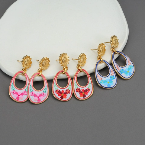 Sunflower Oval Stud Earrings 18K Gold Plated Stainless Steel Enamel Floral Pattern Vintage Light Luxury Style For Women