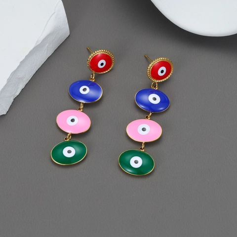 Pendientes Largos De Ojo Turco Acero Inoxidable Esmalte Colorido Geométrico Estilo Bohemio Joyería De Moda Para Mujeres