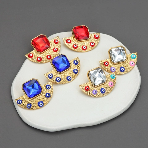 Orecchini In Acciaio Inossidabile A Forma Di Ventaglio Bohemien Con Cristallo Quadrato E Smalto Malocchio Placcati Oro