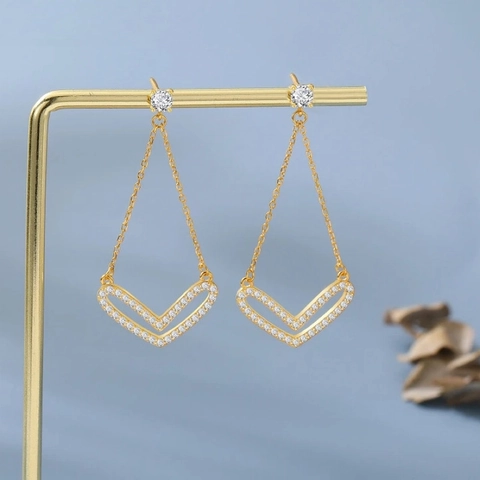 V-Shape Geometric Dangle Earrings With 925 Sterling Silver Earring Post Copper Zircon Gold Plated For Women