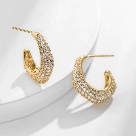 C-Shaped Hoop Earrings 18K Gold Plated Copper Pave Zircon Elegant For Women With 925 Sterling Silver Earring Post