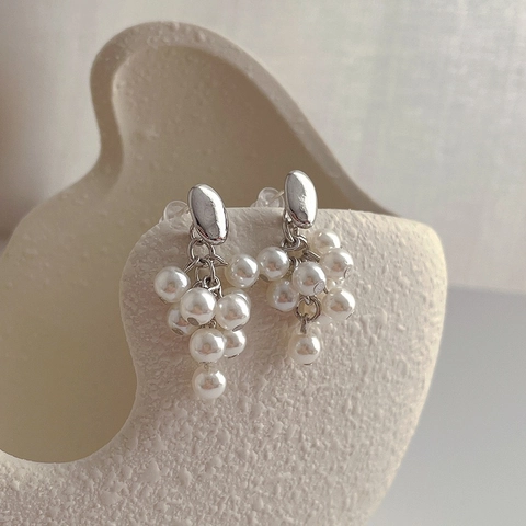 Grape Cluster Artificial Pearl Drop Earrings Brass 18K Gold Plated With 925 Sterling Silver Earring Post Vintage Elegant For Women