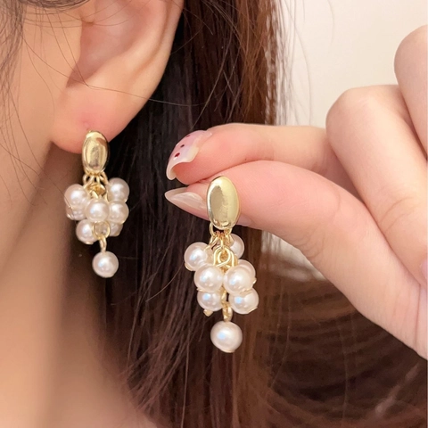 Grape Cluster Artificial Pearl Drop Earrings Brass 18K Gold Plated With 925 Sterling Silver Earring Post Vintage Elegant For Women