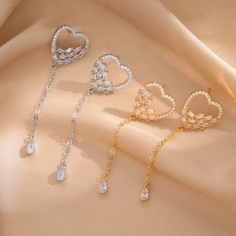 Pendientes Colgantes De Corazón Con Poste De Plata De Ley 925 Latón Chapado En Oro Borla Larga Circón Elegante Mujer