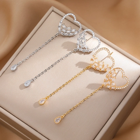 Pendientes Colgantes De Corazón Con Poste De Plata De Ley 925 Latón Chapado En Oro Borla Larga Circón Elegante Mujer