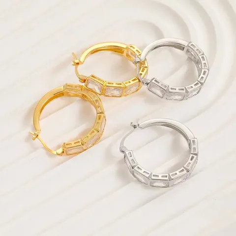 Brass Hoop Earrings With Rectangular Cubic Zirconia 18K Gold Plated Elegant Minimalist Jewelry For Women