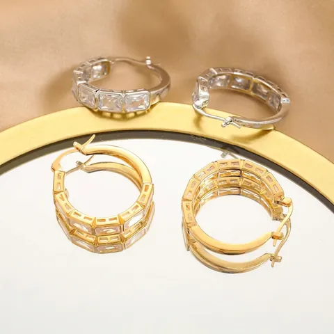 Brass Hoop Earrings With Rectangular Cubic Zirconia 18K Gold Plated Elegant Minimalist Jewelry For Women