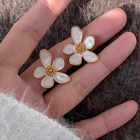 Elegante Blumen Ohrstecker Messing 18K Vergoldet Emaille Kamelie Mit 925 Sterling Silber Ohrstift Für Damen