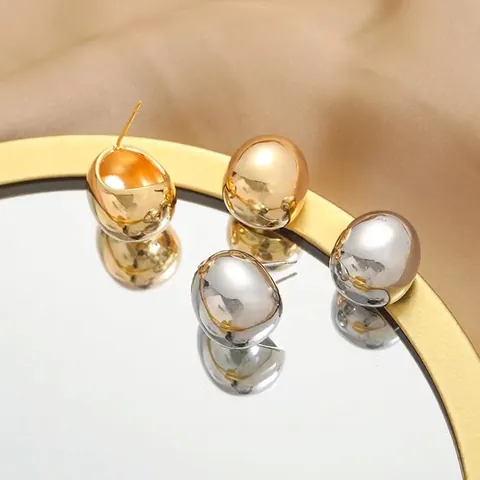 Geometric Bean Stud Earrings With 925 Sterling Silver Earring Post 18K Gold Plated Brass High Polish Minimalist Vintage For Women