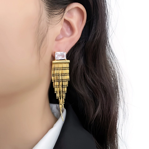 Elegant Square Zircon Tassel Drop Earrings Gold Plated Copper With 925 Sterling Silver Earring Post For Women Luxury