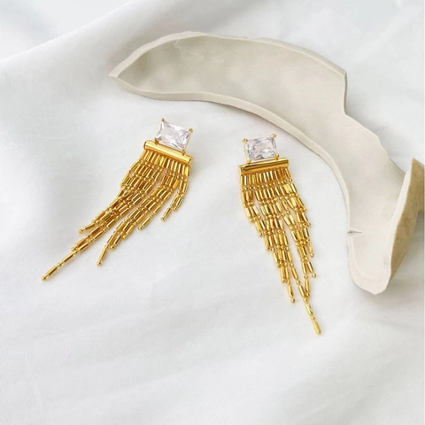Elegant Square Zircon Tassel Drop Earrings Gold Plated Copper With 925 Sterling Silver Earring Post For Women Luxury