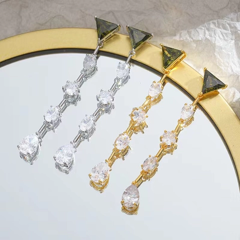 Geometric Long Drop Tassel Earrings Brass 18K Gold Plated Cubic Zirconia With 925 Sterling Silver Earring Post For Women