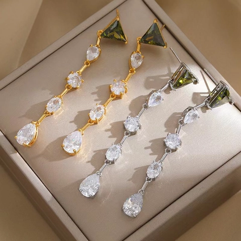 Geometric Long Drop Tassel Earrings Brass 18K Gold Plated Cubic Zirconia With 925 Sterling Silver Earring Post For Women