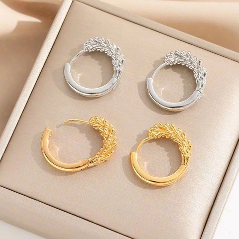 Orecchini A Cerchio Spiga Di Grano Ottone Placcato Oro 18K Geometrico Rotondo Gioielli Donna Con Perno In Rame