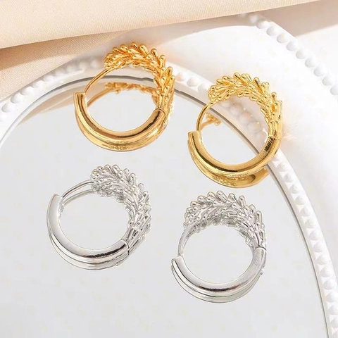 Orecchini A Cerchio Spiga Di Grano Ottone Placcato Oro 18K Geometrico Rotondo Gioielli Donna Con Perno In Rame