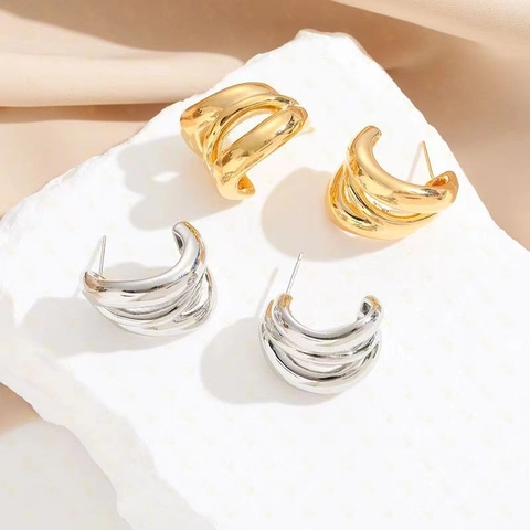 Multi Layer Hoop Earrings Copper Gold Silver Plated Minimalist Geometric C Shape Huggie Ear Studs For Women
