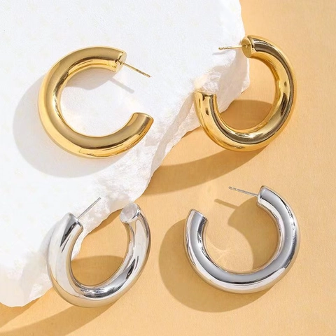 Chunky C-Shape Hoop Earrings Bold Minimalist Geometric 18K Gold Plated Brass With 925 Sterling Silver Earring Post