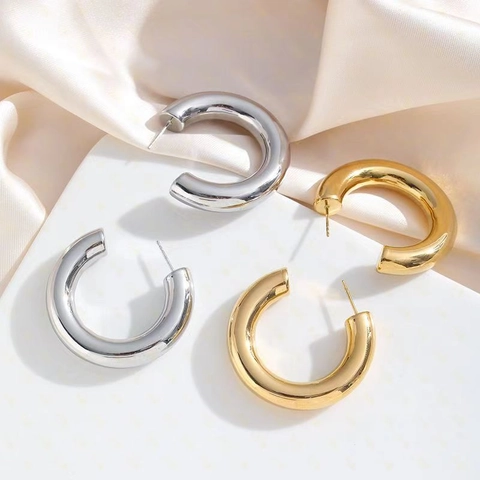 Chunky C-Shape Hoop Earrings Bold Minimalist Geometric 18K Gold Plated Brass With 925 Sterling Silver Earring Post
