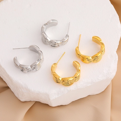 Croissant Ripple Textured C Hoop Earrings Plated Copper With 925 Sterling Silver Earring Post For Women Vintage